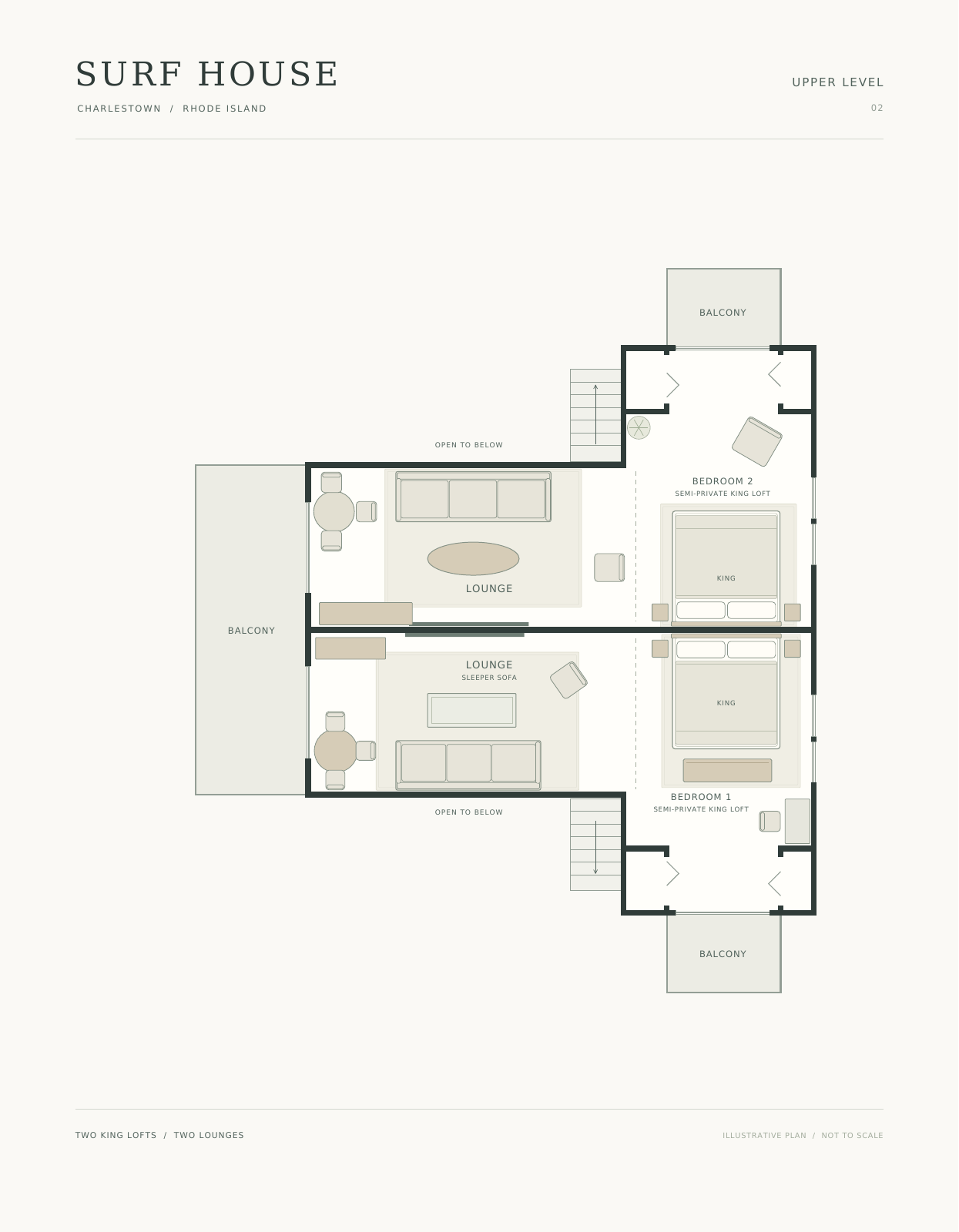 Upper level: two semi-private king lofts, two lounges, sleeper sofa and balconies