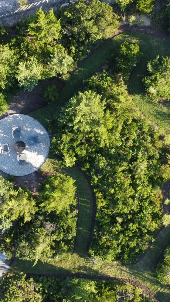 Winding grass paths through dense coastal planting, with a circular gravel seating area tucked among the trees.